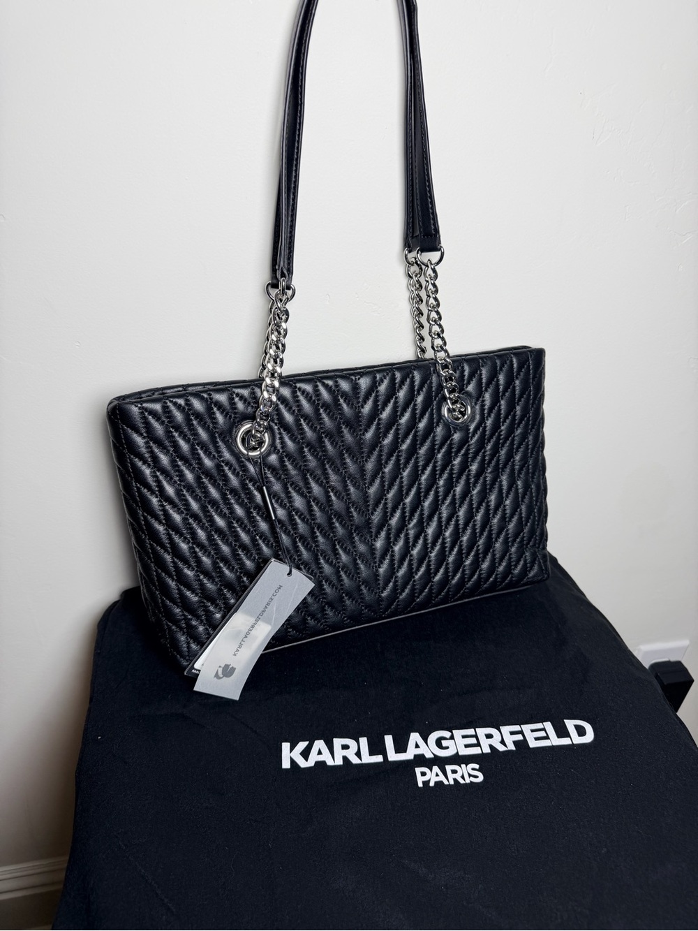 Karl Lagerfeld Black Quilted Tote Silver Chain Straps Paris karolina purse bag - Picture 5 of 8